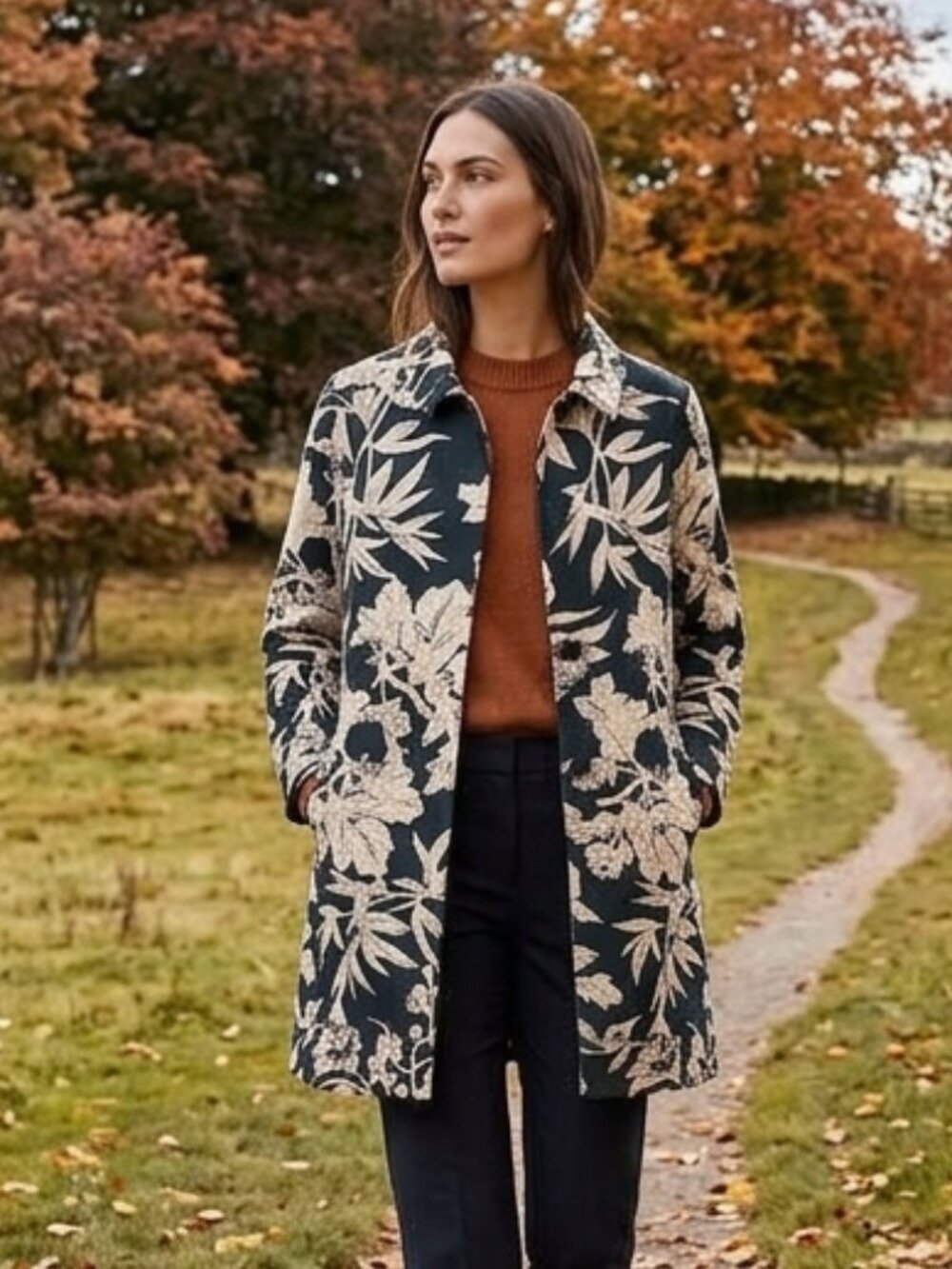 Zara Basic Black Cream Botanical Leaf Trench Coat M Spain